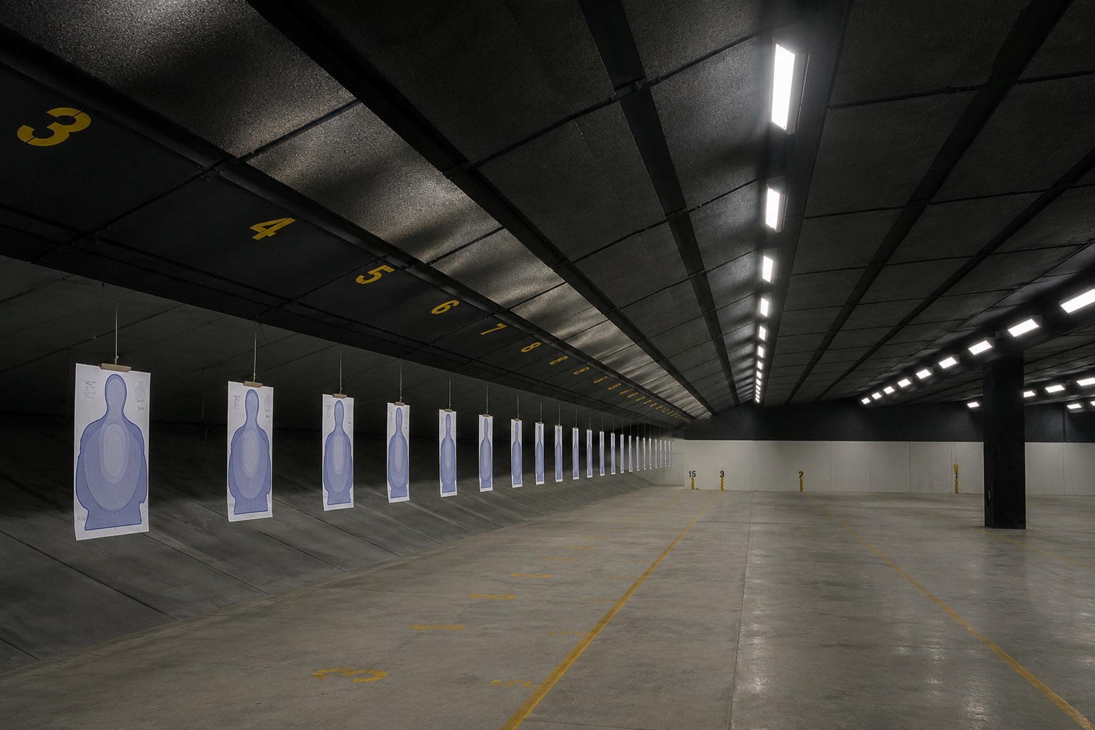 Completed indoor shooting range with an angled steel bullet trap system