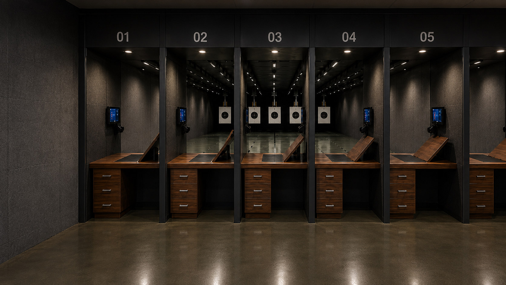 Completed five-lane indoor shooting range with target carrier systems